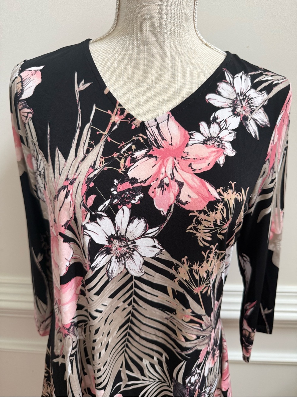 Susan Graver Black Floral V-Neck Blouse with Pink and Cream Flowers